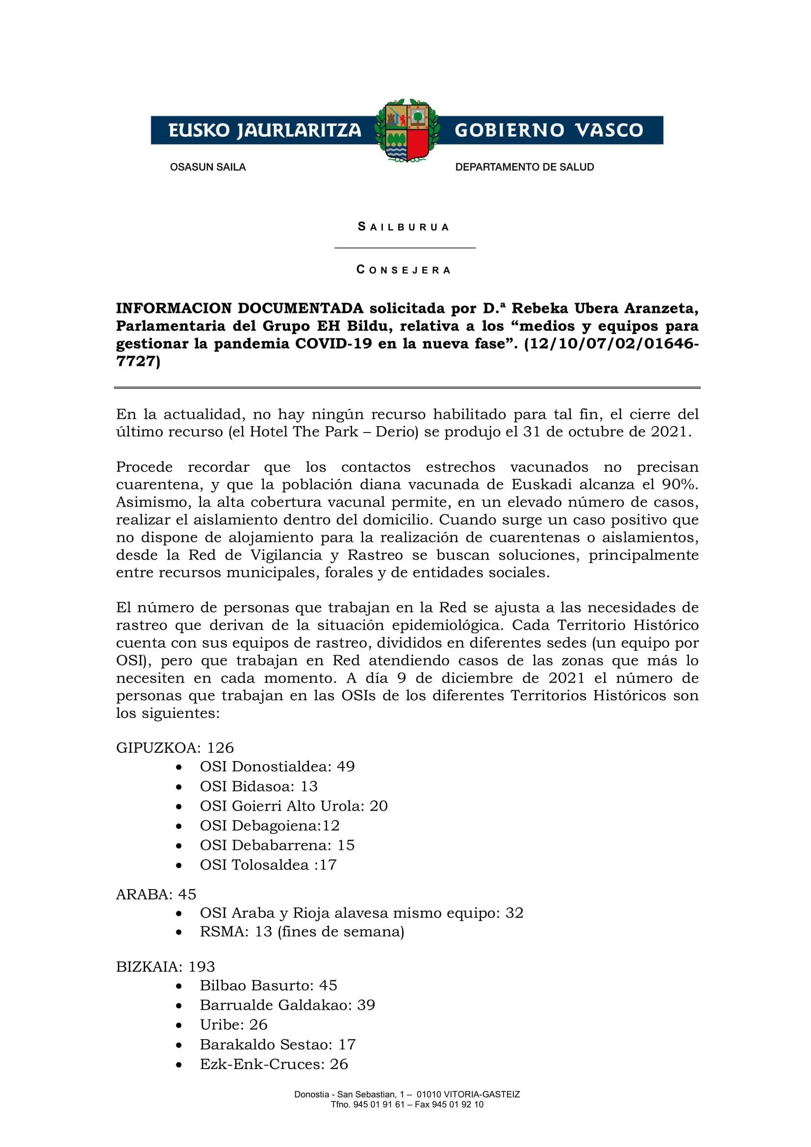 Respuesta de la Consejera, sobre la red de rastreo, registrada el 9 de diciembre