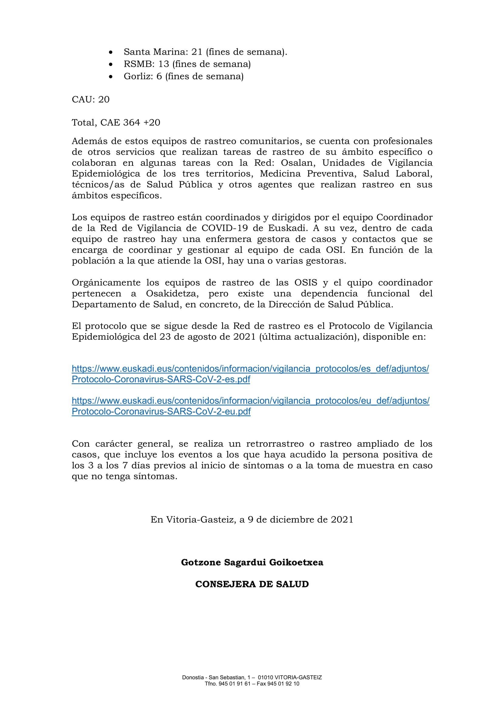 Respuesta de la Consejera, sobre la red de rastreo, registrada el 9 de diciembre