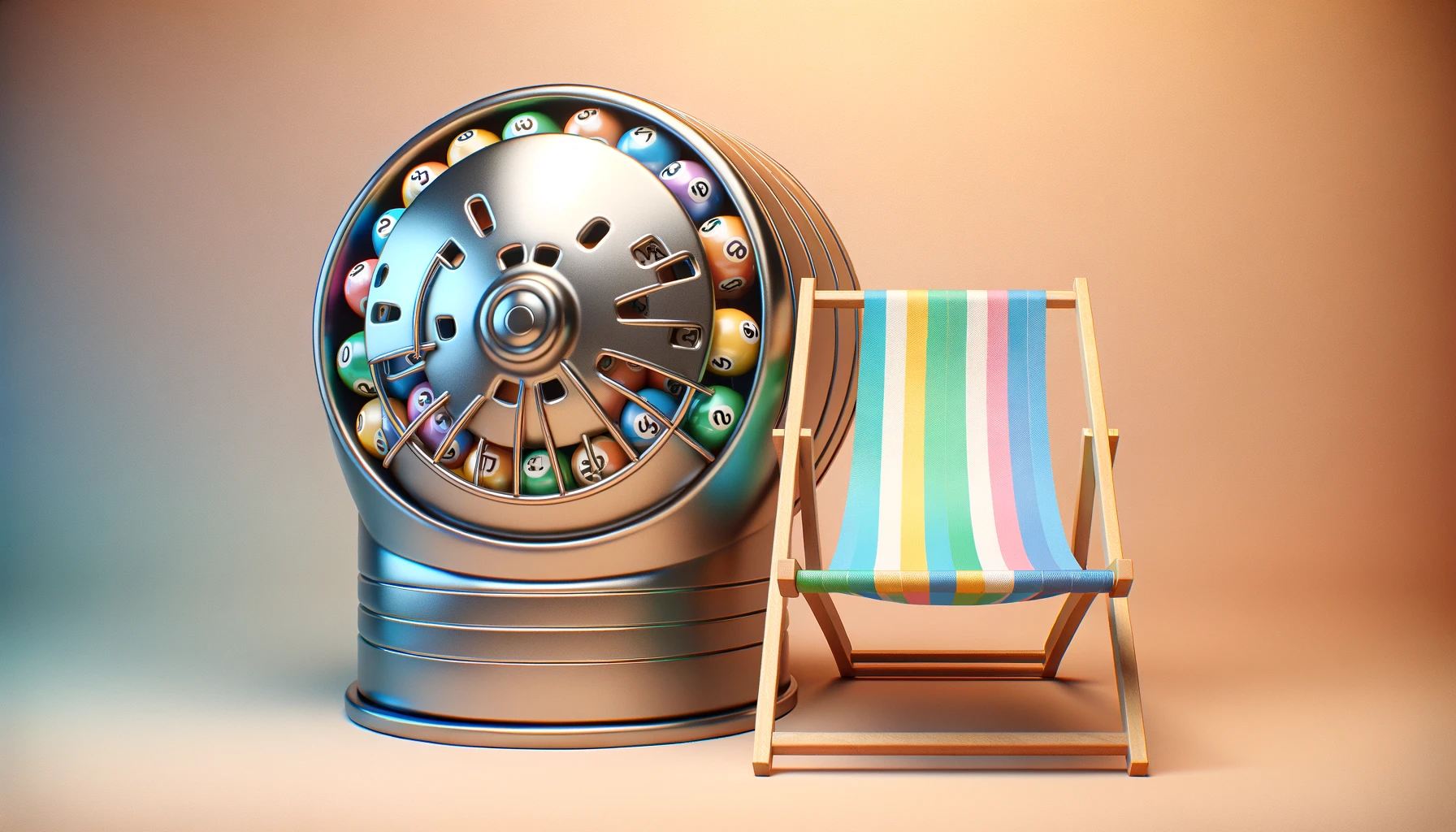 DALL·E-2024-05-04-11.13.19-A-wide-panoramic-3D-style-illustration-of-a-lottery-raffle-drum-next-to-a-deck-chair-set-against-a-colorful-neutral-background.-The-raffle-drum-shou