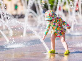 Una niña con gafas de sol y gorro para protegerse del sol juega con chorros de agua de una fuente pública aviso amarillo ola de calor alava vitoria foto de depositphotos