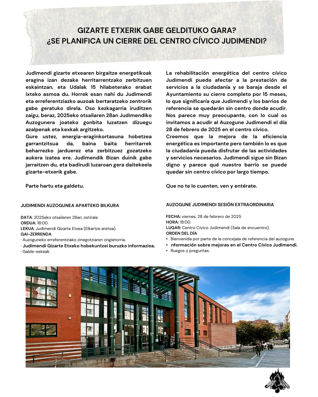 Aviso de la sesión extraordinaria  del Auzogune editado por la Asociación Vecinal Judimendikoak Auzo Elkartea 