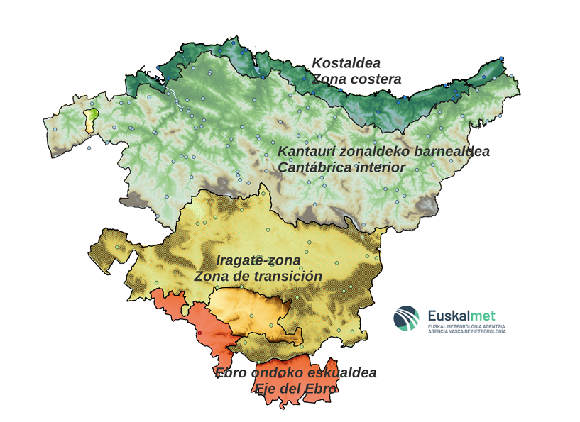 Euskalmet activa aviso amarillo por altas temperaturas para este jueves en Euskadi 1 Zonas meteorológicas en la Comunidad Autónoma Vasca Zona 1: Zona Costera. Zona 2: Cantábrico interior.
Zona 3: Zona de transición. Zona 4: Eje del Ebro.