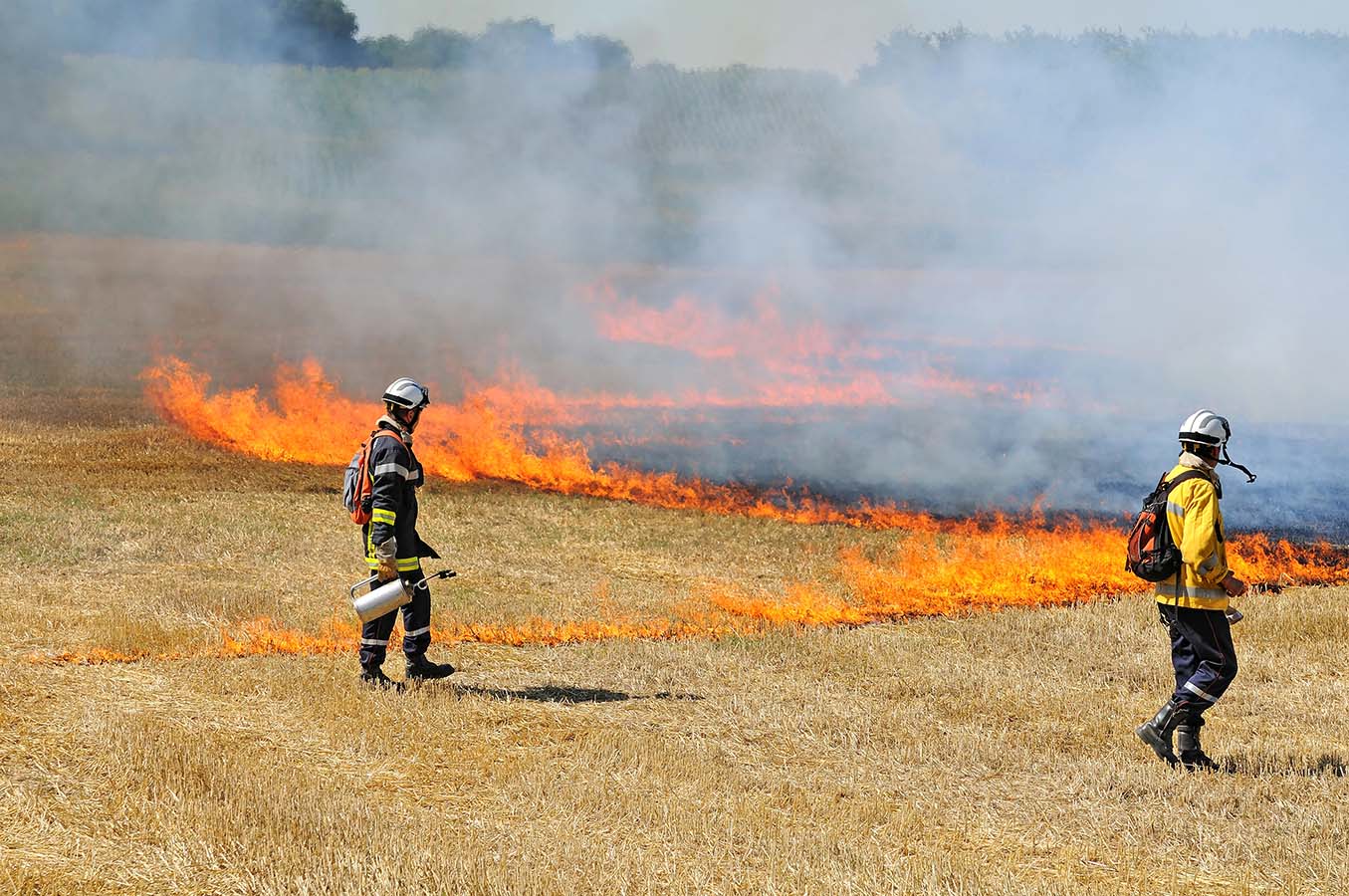 Foto de un incendio en una zona de monte o campo y unos bomberos actuando para controlarlo