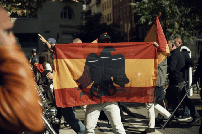 Una persona que participaba en la manifestación de Falange del domingo portando una bandera preconstitucional en el centro de Vitoria-Gasteiz.
