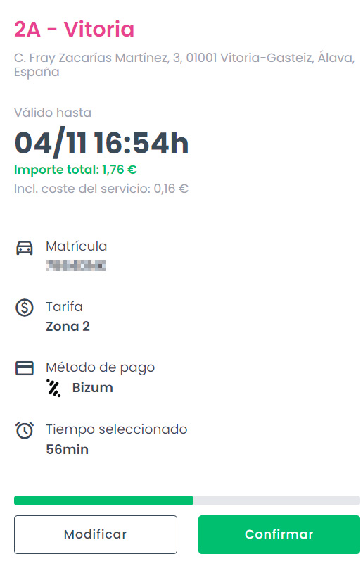 Pantalla en la que se confirma el pago por bizum de 56 minutos de OTA en Vitoria-Gasteiz