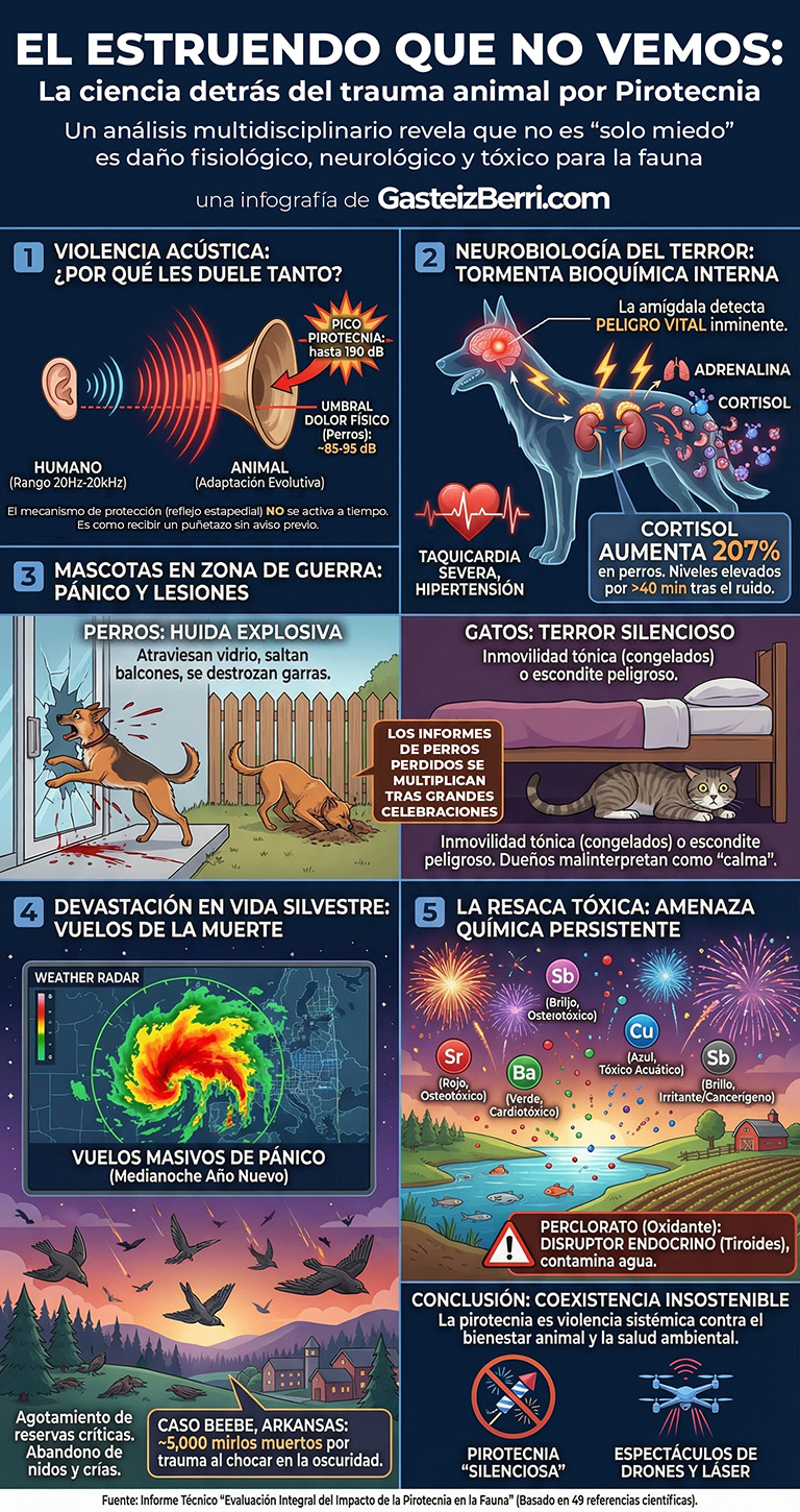 infografía explicativa del artículo titulada El estruendo que no vemos, la ciencia detrás del trauma animal por pirotecnia, realizada por GasteizBerri.com