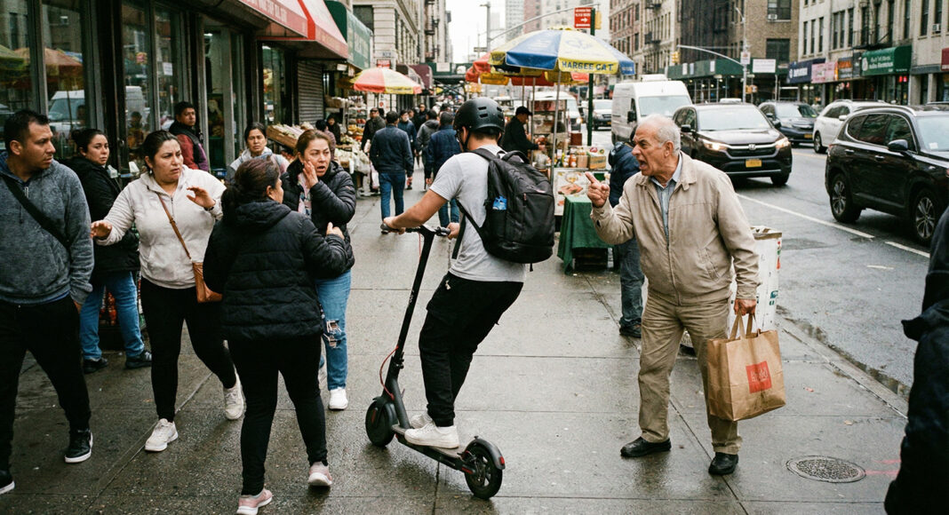 Un peatón recrimina a un usuario de patinete que circula por la acera. La convivencia entre vehículos de movilidad personal y peatones se ha convertido en uno de los roces cotidianos en las ciudades. Foto Freepik/AI
