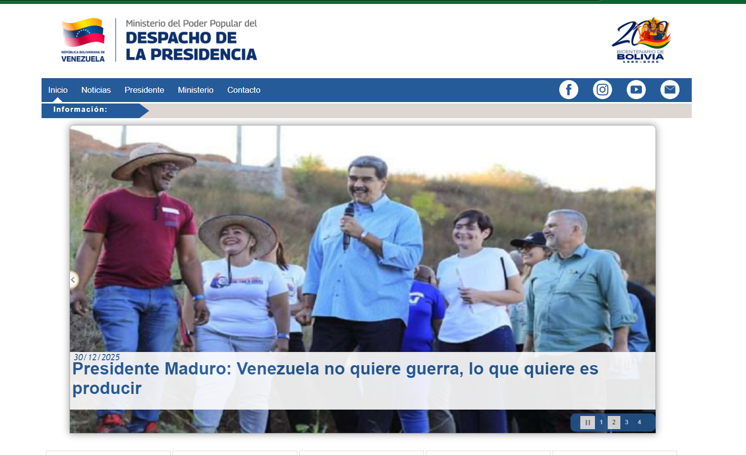 Captura de pantalla de la web del Despacho de la Presidencia de Venezuela donde muestra a Maduro, capturado por EEUU, dando un discurso junto a ciudadanos de Venezuela https://www.presidencia.gob.ve tomada el 3 de enero a las 12:30