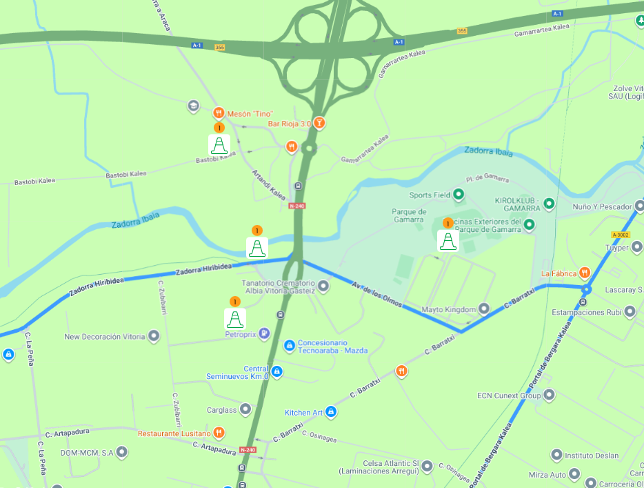 Mapa de las incidencias imprevistas de la red de distribución eléctrica de Iberdrola, con 4 incidencias en la zona de Gamarra Mayor en Vitoria-Gasteiz