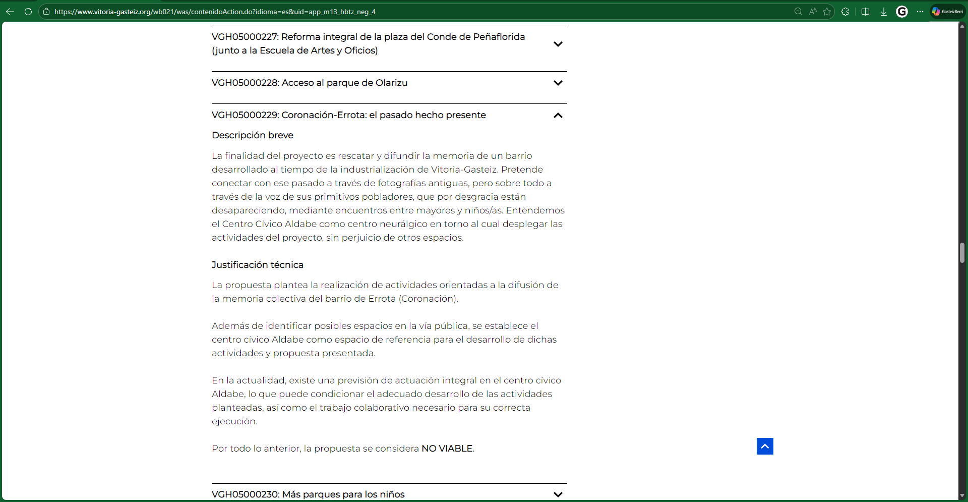 Respuesta corregida - Proyectos rechados de Gasteiz Hobetuz 2026 - cierre aldabe