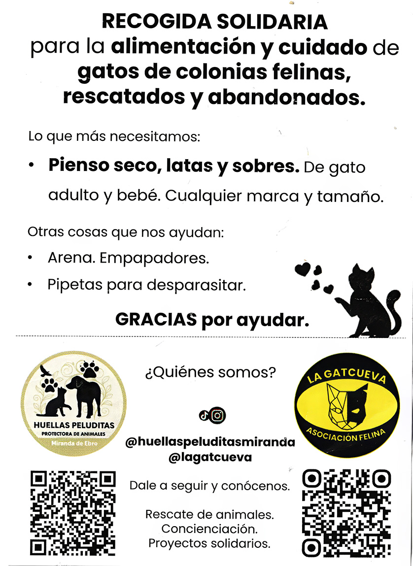 Flyer de recogida solidaria de alimentos y material para gatos de colonias felinas, rescatados y abandonados.
