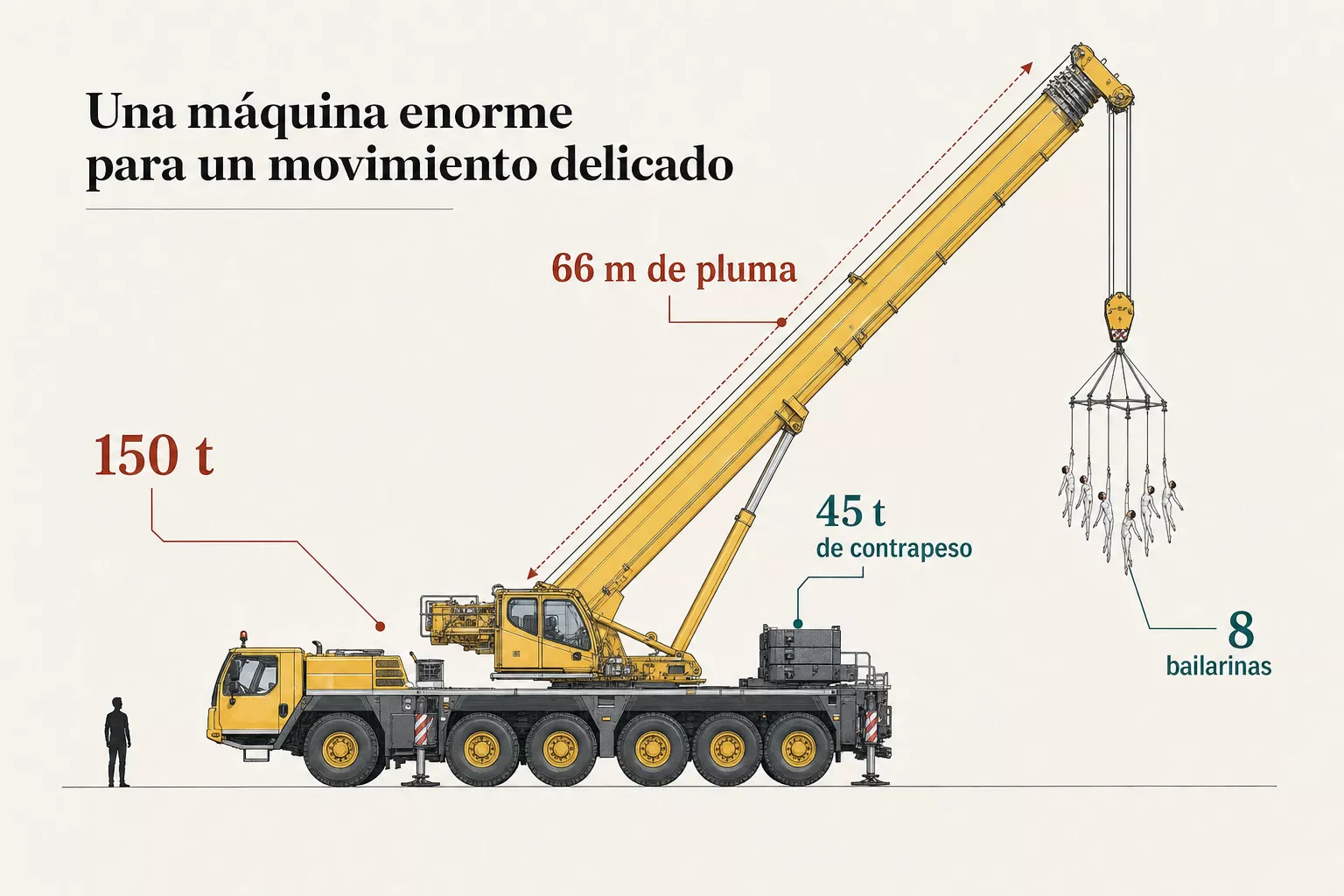 Ilustración técnica de la grúa manejada por Íñigo Naya, con 66 metros de pluma, 45 toneladas de contrapeso y ocho bailarinas suspendidas.