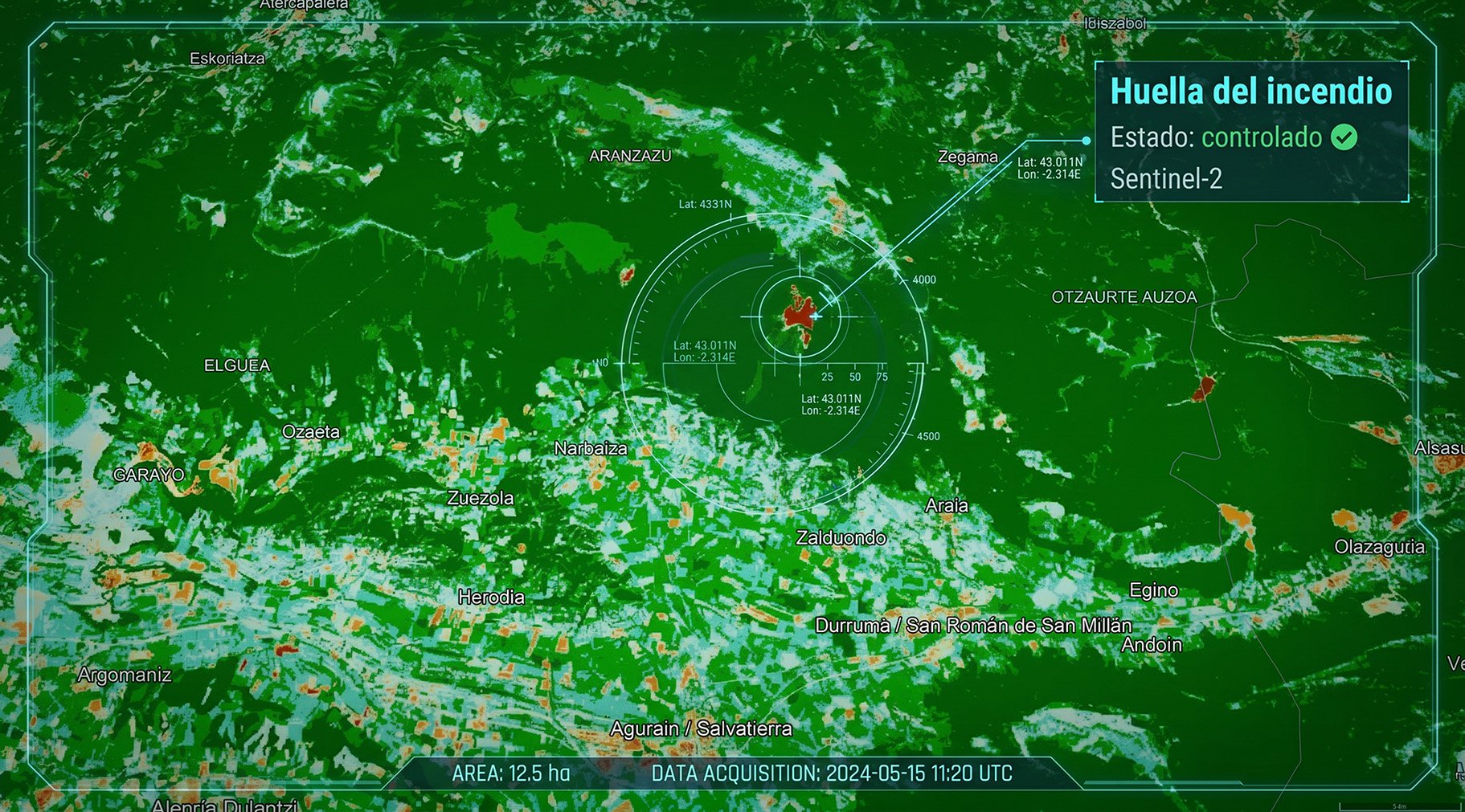 imagen capturada por sentinel-2 con bandas de zonas calcinadas y un hud recreado por gasteizberri