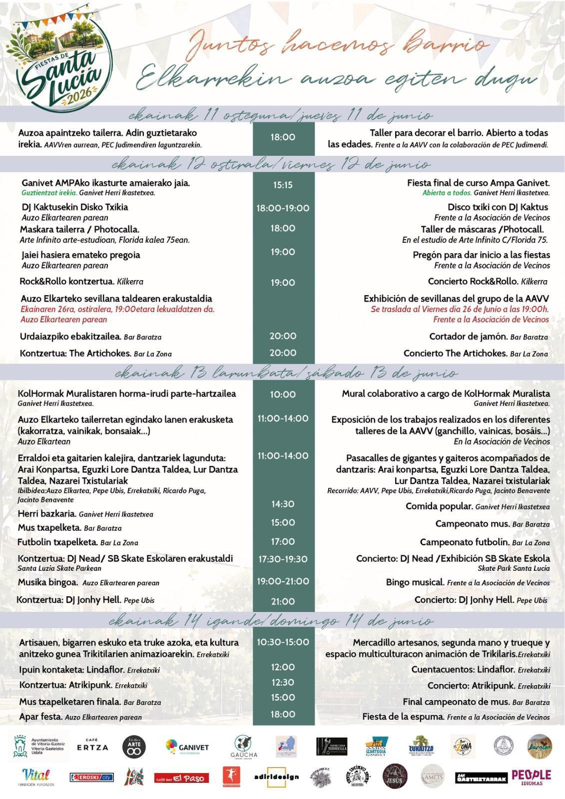 Programa de fiestas del barrio de Santa Lucía en Vitoria-Gasteiz para 2026