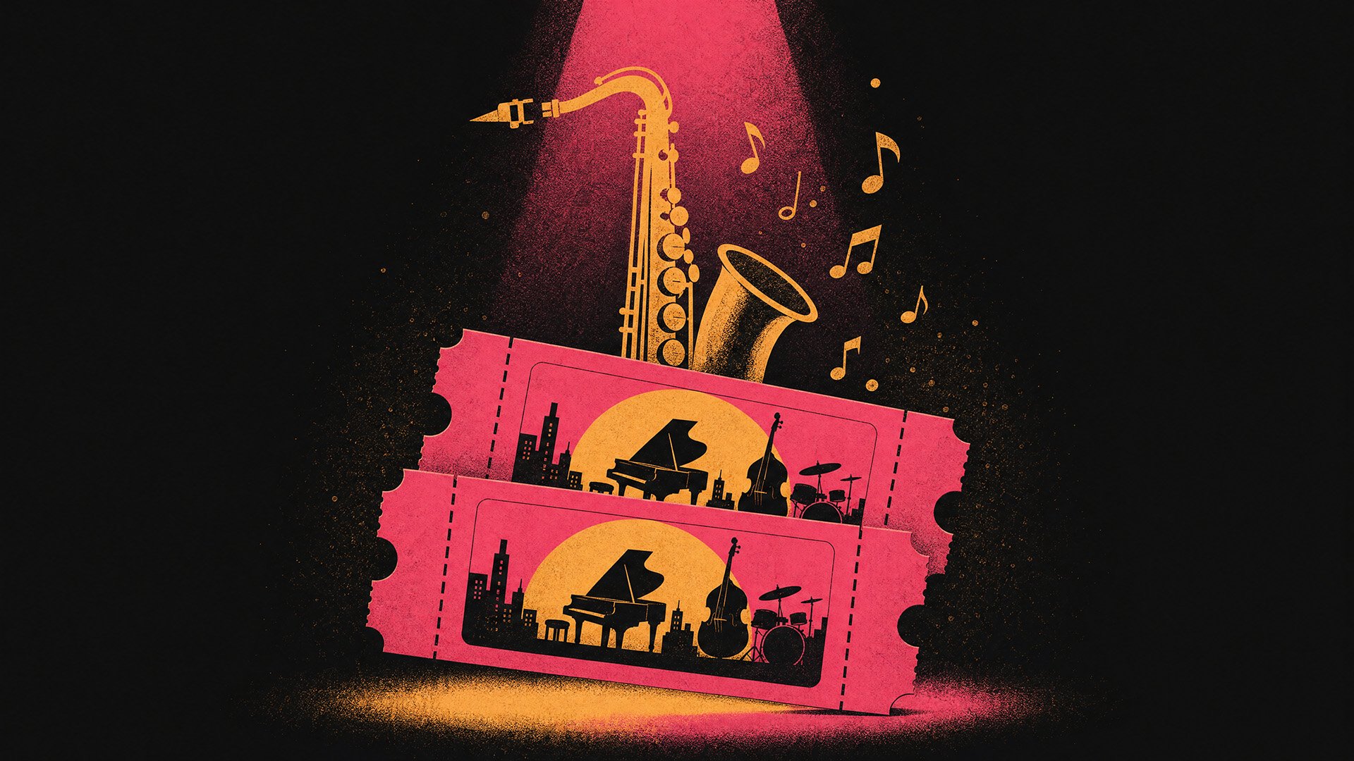 Ilustración de dos entradas de concierto y un saxofón bajo un foco rosa sobre fondo negro